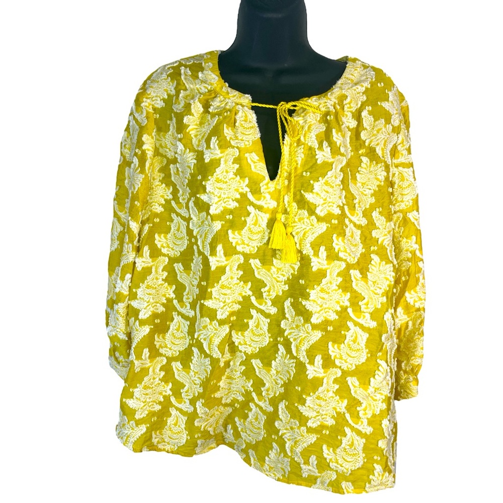 Lemon yellow Jacquard 3D white floral peasant tunic tassel v-neck 3/4 sleeve - Picture 2 of 11